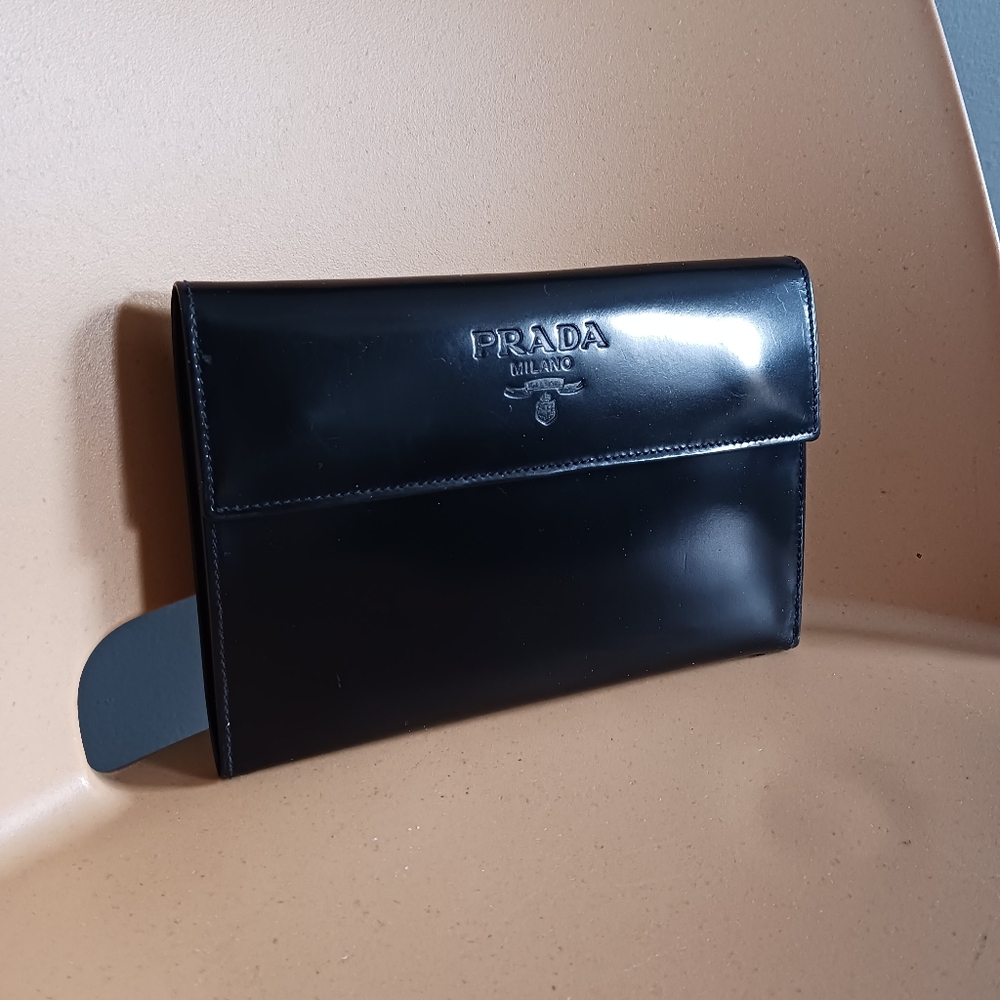 Vintage Prada Black Patent Leather Wallet, Checkbook holder